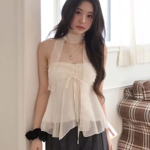 Korean Style Pleated Lace-Up Mesh Strapless Top with Scarf for Women - Trendy Short Design, Perfect for 90s and Y2K Fashion Lovers