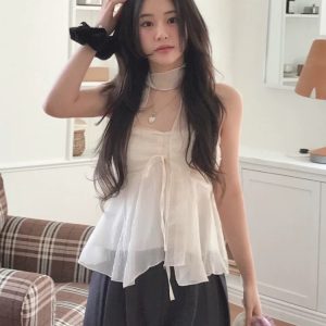 Korean Style Pleated Lace-Up Mesh Strapless Top with Scarf for Women - Trendy Short Design, Perfect for 90s and Y2K Fashion Lovers