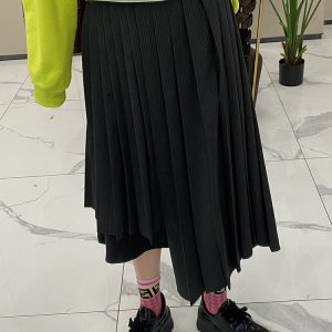 Korean Style Pleated Striped Asymmetrical Midi Skirt for Women - European Spring Summer Fashion Casual Design