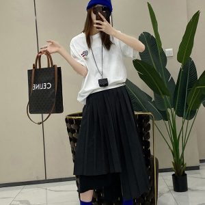 Korean Style Pleated Striped Asymmetrical Midi Skirt for Women - European Spring Summer Fashion Casual Design