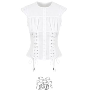 Korean-Style Pleated Tie-Waist Flutter Sleeve Shirt Top with Polka Dot Floral Skirt - Unique 90s Inspired Fashion