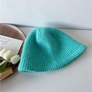 Korean Style Plush Rabbit Hair Knitted Yarn Bucket Hat for Women - Flattering Autumn Winter Fisherman Hat Trend