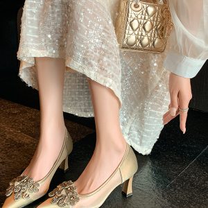 Korean-Style Pointed Toe Thin Heel Shallow Mouth Women's Shoes, Rhinestone Mesh Splicing, Genuine Leather High Heels for Spring/Summer 2025