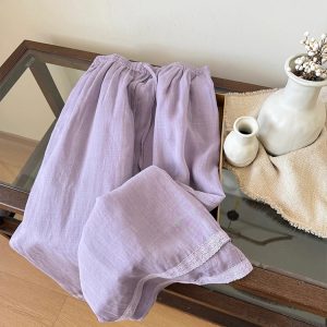 Korean-Style Relaxed Wide-Leg Pants for Women - Summer Cotton-Linen Long Pants with Purple Lace Trim