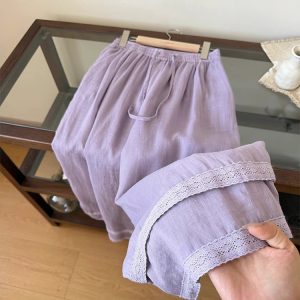 Korean-Style Relaxed Wide-Leg Pants for Women - Summer Cotton-Linen Long Pants with Purple Lace Trim