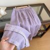 Korean-Style Relaxed Wide-Leg Pants for Women - Summer Cotton-Linen Long Pants with Purple Lace Trim