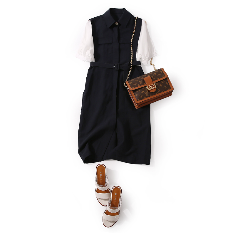 Korean Style Retro Color-Block Lapel Single-Breasted OL Dress for Women - Spring Summer Fashion