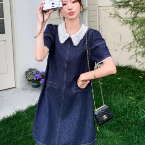 Korean-Style Retro Lace Color-Blocking Denim Dress for Women - Playful Summer Short Skirt in Petite Sizes