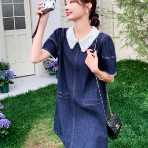 Korean-Style Retro Lace Color-Blocking Denim Dress for Women - Playful Summer Short Skirt in Petite Sizes