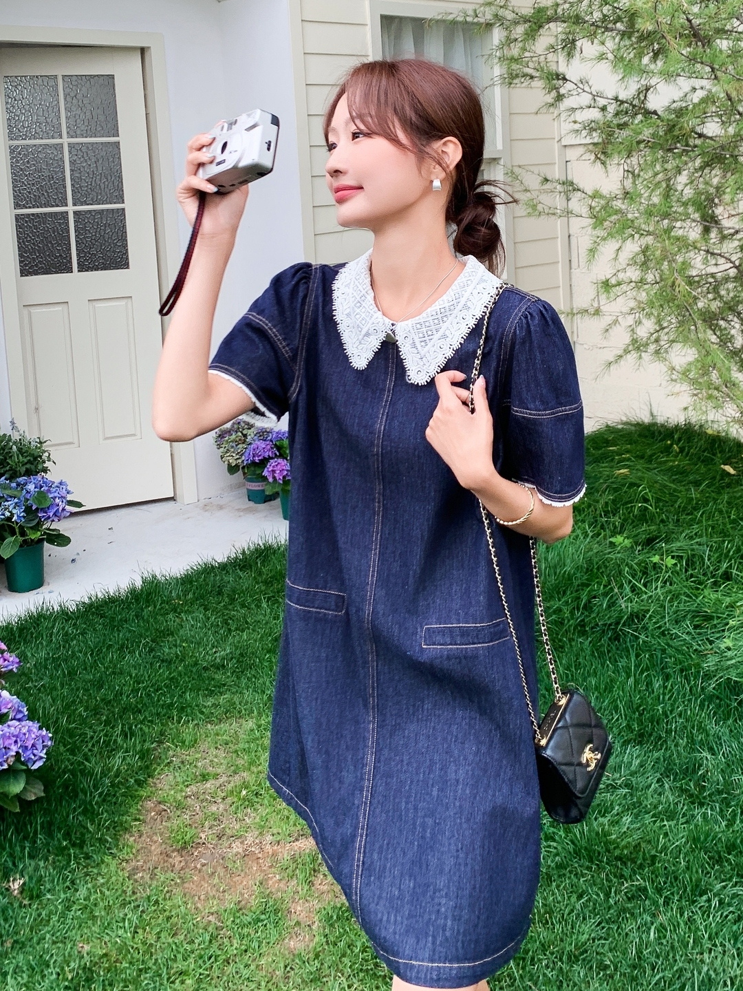 Korean-Style Retro Lace Color-Blocking Denim Dress for Women - Playful Summer Short Skirt in Petite Sizes