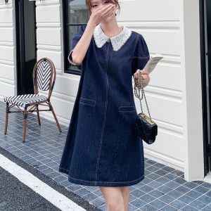 Korean-Style Retro Lace Color-Blocking Denim Dress for Women - Playful Summer Short Skirt in Petite Sizes