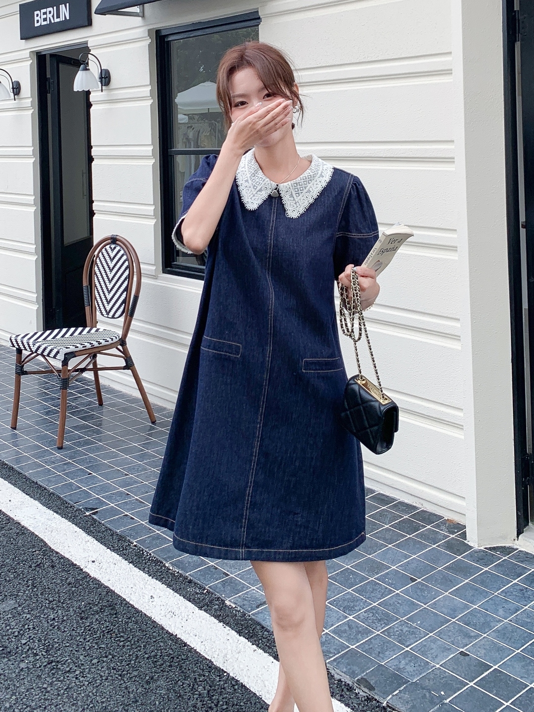 Korean-Style Retro Lace Color-Blocking Denim Dress for Women - Playful Summer Short Skirt in Petite Sizes