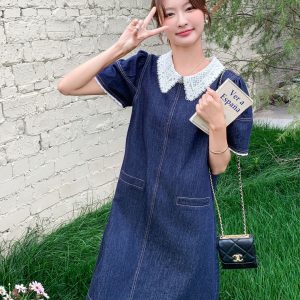 Korean-Style Retro Lace Color-Blocking Denim Dress for Women - Playful Summer Short Skirt in Petite Sizes