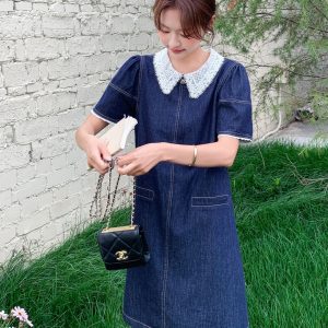 Korean-Style Retro Lace Color-Blocking Denim Dress for Women - Playful Summer Short Skirt in Petite Sizes