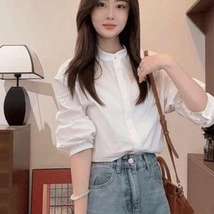 Korean Style Round-Neck Layered Shirt with Gray Knitted Vest for Women - Autumn Winter Sleeveless Top