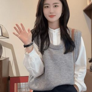 Korean Style Round-Neck Layered Shirt with Gray Knitted Vest for Women - Autumn Winter Sleeveless Top
