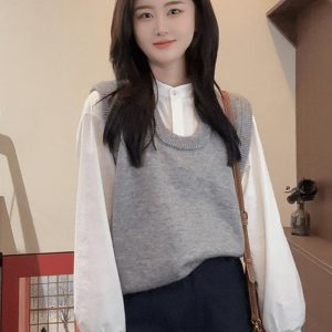 Korean Style Round-Neck Layered Shirt with Gray Knitted Vest for Women - Autumn Winter Sleeveless Top