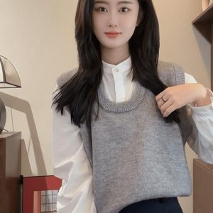 Korean Style Round-Neck Layered Shirt with Gray Knitted Vest for Women - Autumn Winter Sleeveless Top