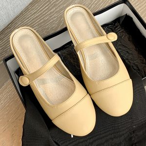 Korean Style Round-Toe Block-Heeled Mary Jane Half Slippers - Comfortable Spliced Sheepskin for Spring/Summer 2025 Fashion