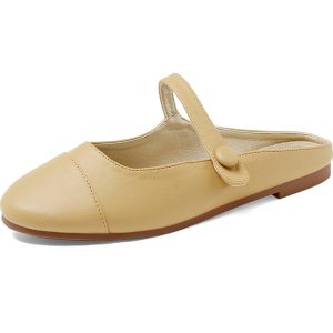 Korean Style Round-Toe Block-Heeled Mary Jane Half Slippers - Comfortable Spliced Sheepskin for Spring/Summer 2025 Fashion