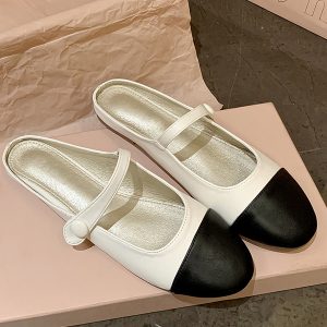 Korean Style Round-Toe Block-Heeled Mary Jane Half Slippers - Comfortable Spliced Sheepskin for Spring/Summer 2025 Fashion