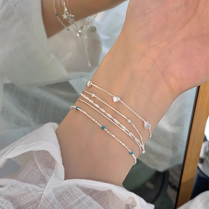 Korean Style S925 Pure Silver Star Heart Blue Bead Bracelet Set for Women - 2025 Casual Wrist Accessories