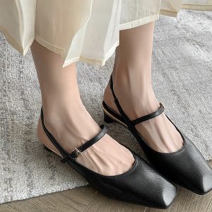 Korean-Style Square-Toe Low-Heel Backless Mary Jane Sandals - Comfortable Genuine Leather Summer Shoes for Women