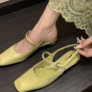 Korean-Style Square-Toe Low-Heel Backless Mary Jane Sandals - Comfortable Genuine Leather Summer Shoes for Women