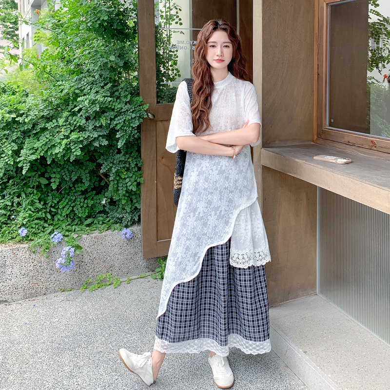 Korean Style Summer 2025 Lace Sheer Irregular Top & Plaid Patchwork Skirt Two-Piece Vacation Outfit