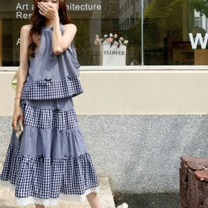 Korean Style Summer 2025 Two-Piece Set: Spliced Halter Neck Vest with Lace Half Skirt for Women