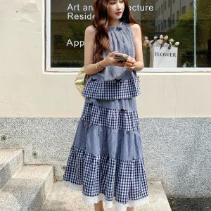 Korean Style Summer 2025 Two-Piece Set: Spliced Halter Neck Vest with Lace Half Skirt for Women