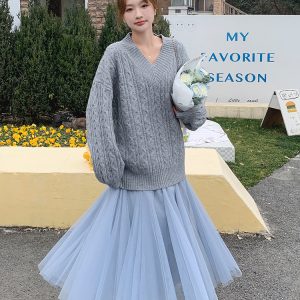 Korean Style Two-Piece Set for Women - Spring 2025 Gray Twisted Knit Sweater and Mesh Skirt