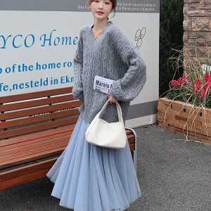 Korean Style Two-Piece Set for Women - Spring 2025 Gray Twisted Knit Sweater and Mesh Skirt