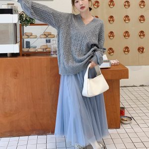 Korean Style Two-Piece Set for Women - Spring 2025 Gray Twisted Knit Sweater and Mesh Skirt