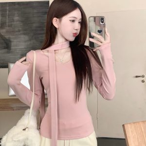Korean-Style V-Neck Knitted Sweater with Scarf for Women - Fashionable Slim-Fit Top, Unique Design, Trendy Winter Wear