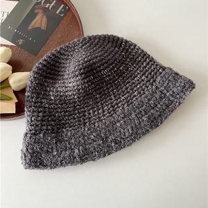 Korean Style Vintage Handmade Color-Block Crochet Yarn Fisherman Hat for Women - Versatile Face-Shaping Small Bucket Hat