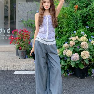 Korean-Style Vintage Plaid Camisole and Wide-Leg Pants Two-Piece Set for Women - Summer 2025 Casual Fashion for Petite Sizes