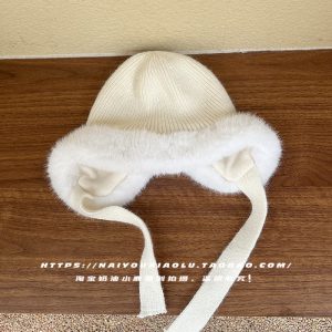 Korean Style White Rabbit Fur Knitted Ear Warmer Hat with Ribbons, Fleece-Lined Women's Winter Accessory