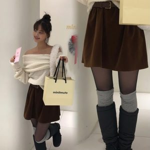 Korean Style Winter Mini Skirt Set with Waist Belt in Beautiful Matte Velvet - Trendy Fashion for Girls