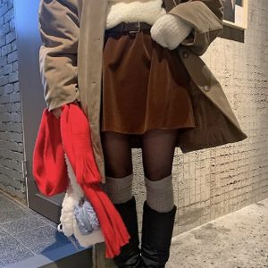 Korean Style Winter Mini Skirt Set with Waist Belt in Beautiful Matte Velvet - Trendy Fashion for Girls