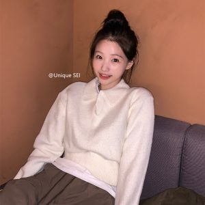 Korean Style Winter Minimalist Solid Color Lapel Pullover Casual Knitted Sweater for Women - Versatile Classic Fashion Essential