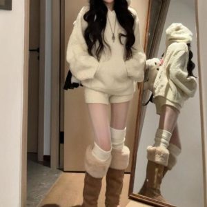 Korean-Style Winter Two-Piece Set: Casual Hooded Top & High-Waisted Slimming Shorts for Women