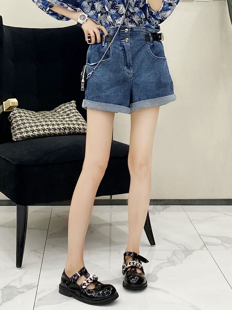 Korean Style Women's Casual Denim Shorts with Buckle Decoration, Lengthening Cuffed Design, Solid Color, Summer Essential