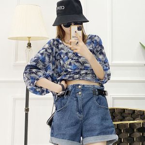Korean Style Women's Casual Denim Shorts with Buckle Decoration, Lengthening Cuffed Design, Solid Color, Summer Essential