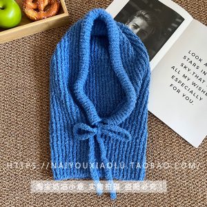 Korean Trendy Blue Soft Cozy Knitted Balaclava Neck Warmer Hat for Winter Style