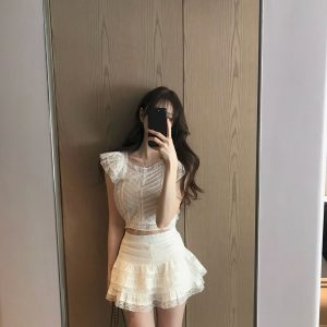 Lab-inspired Lace Flutter Sleeve Camisole Fairy Cake Dress Set - Y2K Aesthetic Fashion