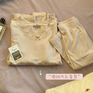 Lace Bow Tie Autumn Top and Pants Set - Gentle White Thermal Underwear with Cashmere Feel for Cozy Fall Style