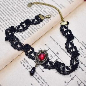 Lace Choker Necklace with Red Beads - Vintage Dark Lolita Style Clavicle Chain Accessory