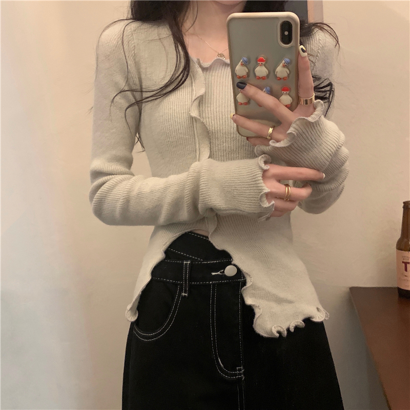 Lace Edge Pullover Top - Irregular Split Design, Slim Fit Round Neck Knitted Shirt for Early Autumn Fashion