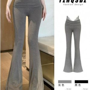 Lace Patchwork High-Waisted Slimming Yoga Flared Pants for Women - Casual Autumn Winter Long Trousers with Draped Effect